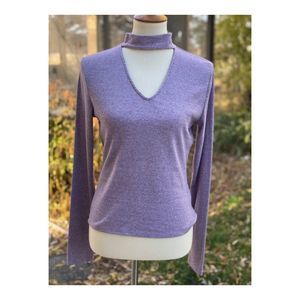 Lavon Long Sleeve Tee Lavender Knit Ribbed Mock Neck with Cutout V Neck Sz M